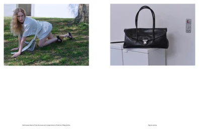Diptyque magazine layout showing a model on grass on the left and a black leather handbag on a white cabinet on the right