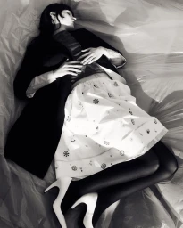 Model lying on crinkled plastic sheeting wearing a dark coat, white patterned skirt, black tights, and white pointed heels.
