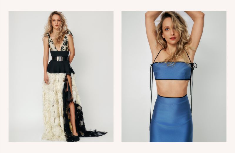Diptych portrait of actress Molly Windsor wearing a black and cream gown alongside a blue satin two-piece set against a white backdrop.