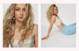 Diptych of Molly Windsor in a textured cropped top and light blue denim jeans against a white seamless studio backdrop.