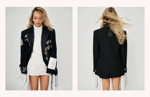 Diptych of Molly Windsor posing in an embellished black blazer and draped white mini dress against a pale studio backdrop.
