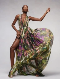 Mayowa Nicholas posing in a flowing multicolor floral halter gown with a thigh-high slit against a seamless grey backdrop.