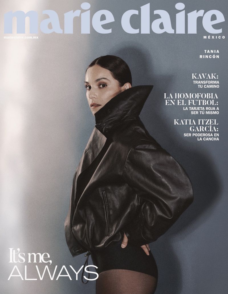 Tania Rincón wearing an oversized black leather jacket and tights on the cover of Marie Claire Mexico.