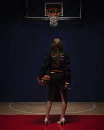Woman in a black varsity jacket and white high heels holding a basketball under her arm beneath a basketball hoop on a court.