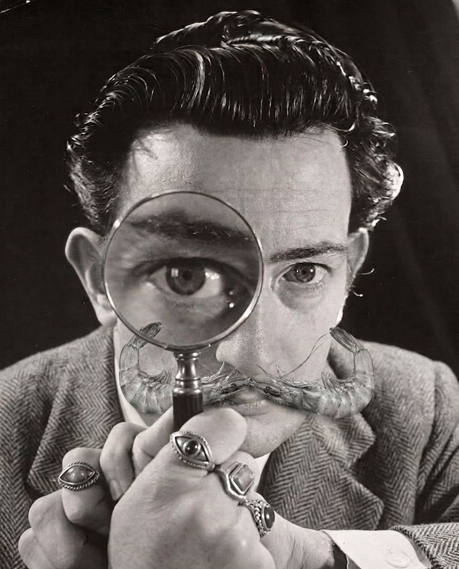 Surreal black and white portrait of Salvador Dalí looking through a magnifying glass with shrimp forming his mustache.