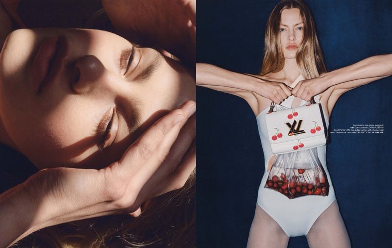 Editorial diptych of model Felice Nova Noordhoff featuring an upside-down close-up portrait and a shot holding a cherry-print white handbag.