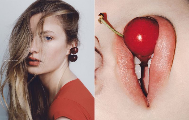 Split-image of a woman with cherry earrings and a mouth eating a cherry, studio lit, red, white, beige tones, fashion beauty concept.