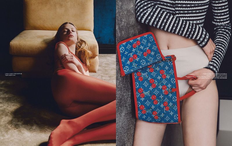 Two-panel fashion editorial with fair-skinned adult female models wearing red tights and bodysuit with striped top and cherry print bag.