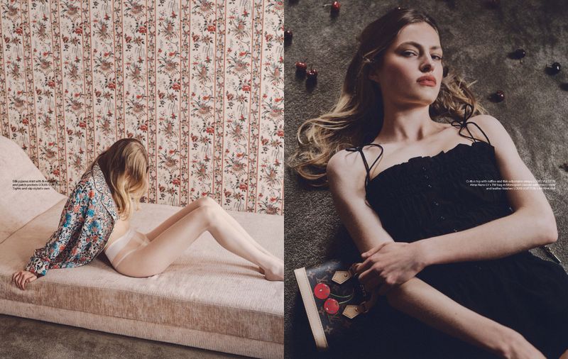 Diptych fashion editorial of Felice Nova Noordhoff sitting on a daybed against floral wallpaper and lying down in a black ruffled top.