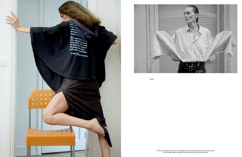 Fashion editorial featuring a woman in a black hooded top and skirt, seated on an orange chair, contrasted with a black-and-white studio shot.