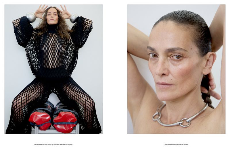 Fashion editorial shot of a model wearing a black fishnet top and pants, and silver bracelets, plus close up beauty shot with jewelry. 