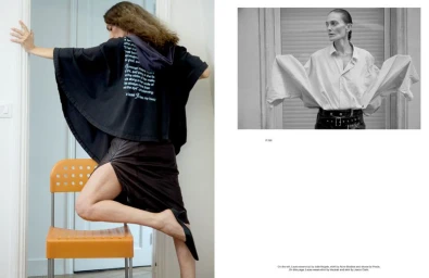 Fashion editorial spread with model Laura Ponte posing with one leg on an orange chair and wearing a sculptural white shirt.