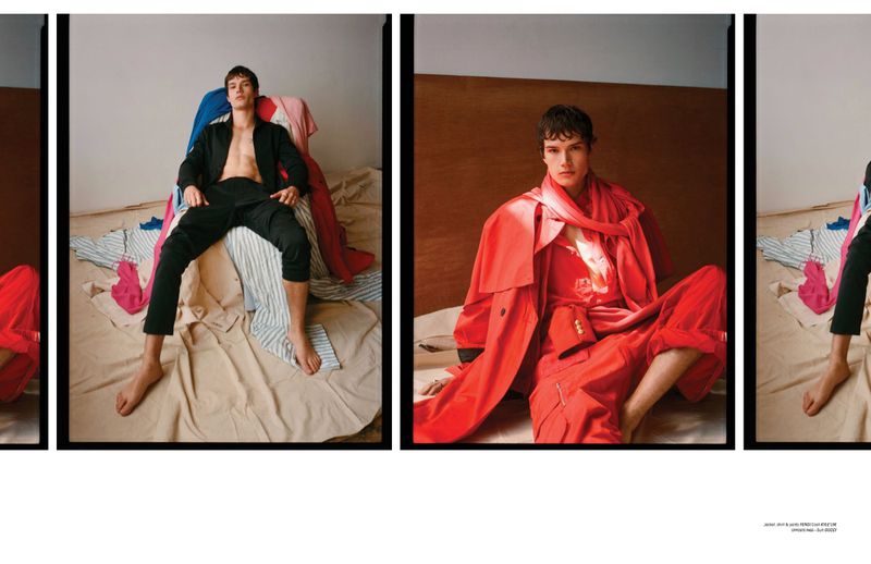 Model Ian Jeffrey in layered monochromatic red outerwear and a black ensemble for L'Officiel Hommes Malaysia.