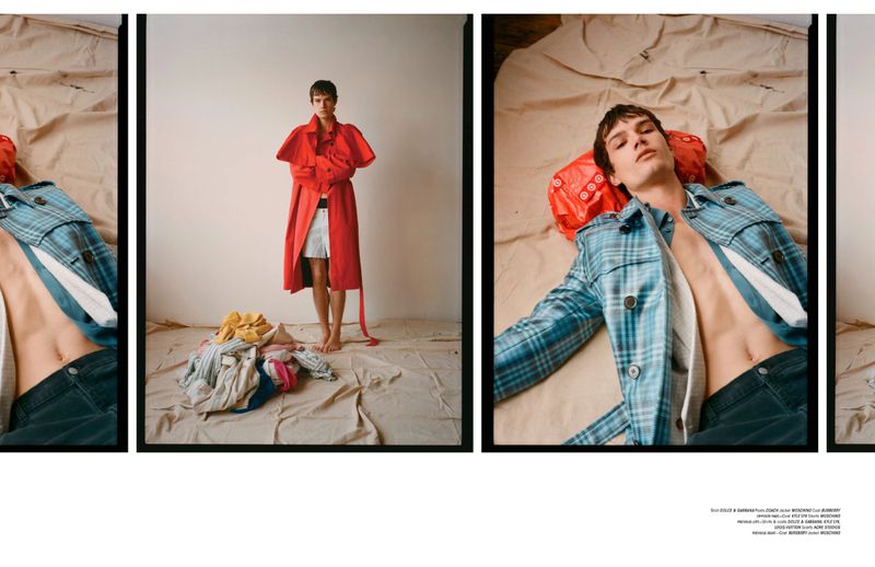 Multi-panel fashion editorial featuring a male model wearing a red coat and a blue plaid trench coat for L'Officiel Hommes Malaysia.