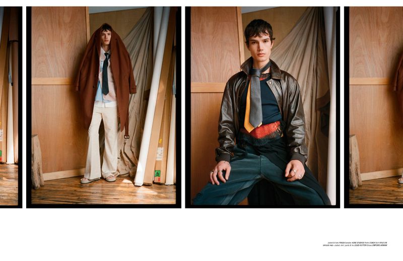 Triptych fashion editorial featuring a male model in layered jackets, ties, and trousers against a wooden studio backdrop.