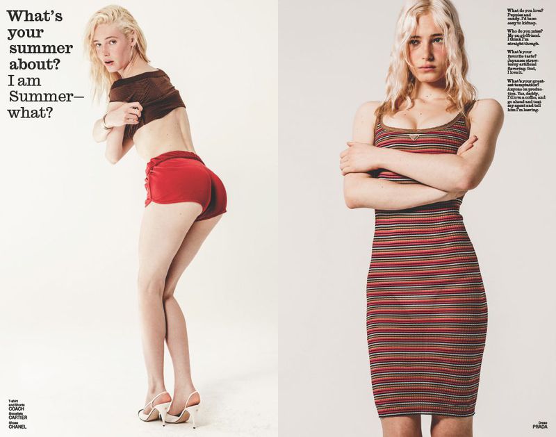 Fashion editorial spread of model Summer Dirx wearing red hot pants and a striped knit dress against a white seamless background.