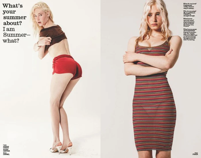 Fashion editorial spread of model Summer Dirx wearing red hot pants and a striped knit dress against a white seamless background.