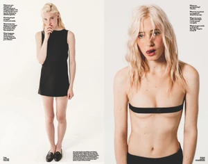 Editorial spread featuring model Summer Dirx in a black mini dress and a minimalist black strap top against a white backdrop.