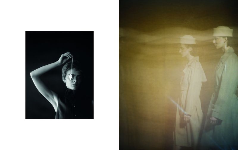 Monochrome fashion shot of a model holding up a star pendant, contrasted with a blurry yellow and blue image of two models wearing trench coats.