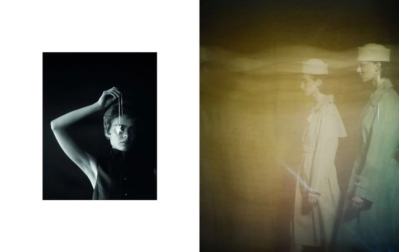 Monochrome fashion shot of a model holding up a star pendant, contrasted with a blurry yellow and blue image of two models wearing trench coats.