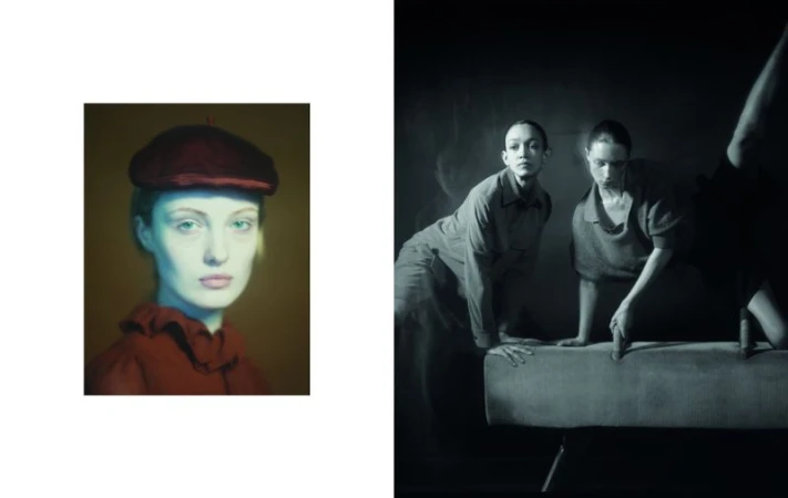 Two women in uniform with dark lighting performing synchronized movement near a pommel horse; a painting of a woman is shown in contrast.