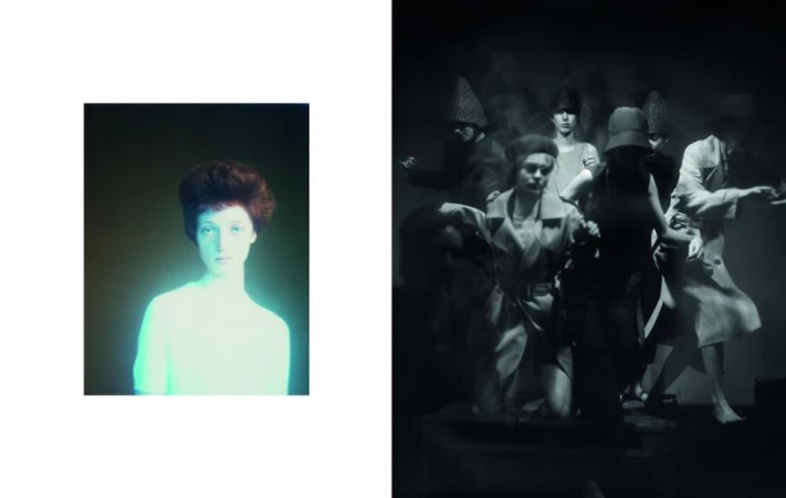 Editorial diptych showing a glowing woman portrait on the left and a dramatic group in outerwear performing in shadow on the right.