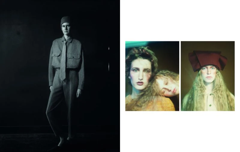 Three distinct fashion portraits featuring women in coordinated headwear and tonal clothing against varying dark and light backgrounds.