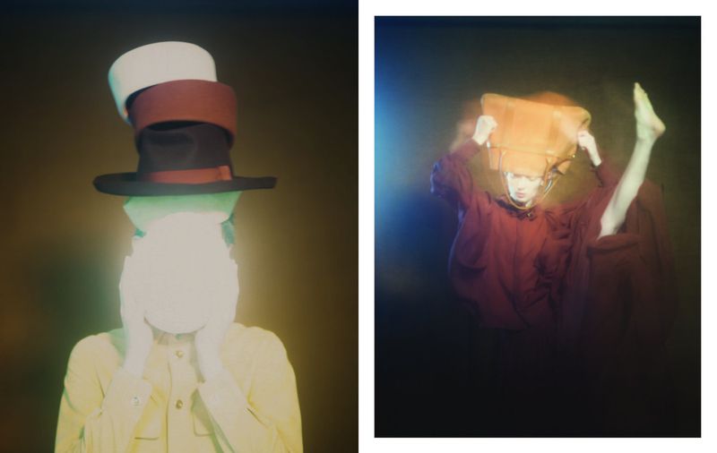 Artistic studio diptych of two adults in creative poses, one with stacked hats and the other holding a bag with motion blur.