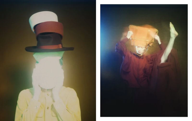 Artistic studio diptych of two adults in creative poses, one with stacked hats and the other holding a bag with motion blur.