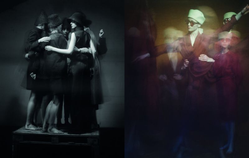 Monochrome fashion shot features group of people in hats, dresses, and coats with a blurred fashion shot in warm colors in the background.
