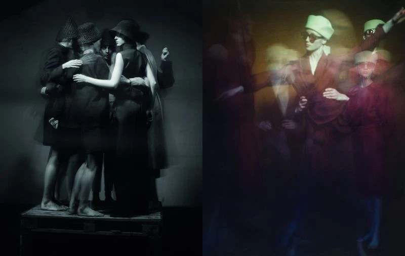 Monochrome fashion shot features group of people in hats, dresses, and coats with a blurred fashion shot in warm colors in the background.