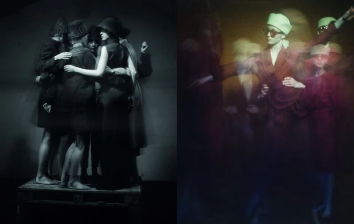Monochrome fashion shot features group of people in hats, dresses, and coats with a blurred fashion shot in warm colors in the background.