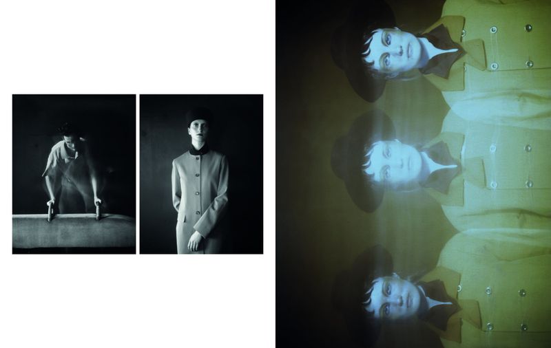 Fashion editorial spread diptych featuring black and white portraits alongside a green-tinted multiple exposure of a model.