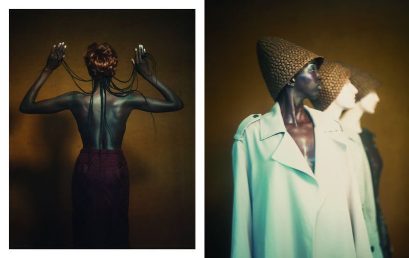 Editorial fashion shot with two contrasting images: a woman's back with braided hair and women in hats and trench coats.