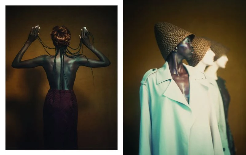 Editorial fashion shot with two contrasting images: a woman's back with braided hair and women in hats and trench coats.