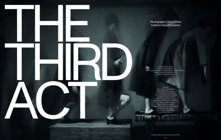 Monochromatic fashion editorial photo with three women in dresses and coats, styled for a dark and conceptual look.