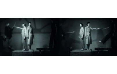 Monochrome diptych of models in structured trench coats and minimalist attire posing and gesturing on platforms in a dark studio.
