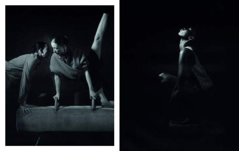 Diptych of models posing on a gymnastics pommel horse and in profile under dramatic low-key lighting against a black background.