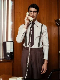 Man in retro office attire wearing glasses and suspenders while talking on a landline telephone in a wood-paneled room.