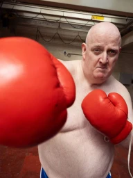 Bald man wearing bright red boxing gloves throwing a direct punch toward the camera in an industrial gym setting.