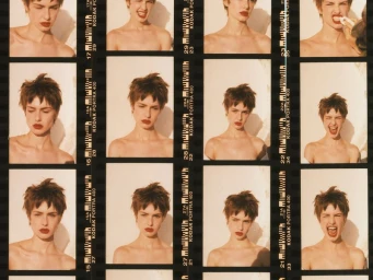 35mm film contact sheet featuring twelve portrait frames of model Lando van der Schee with short hair and red lipstick.