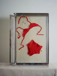A red knit two-piece bikini pinned inside a glass and metal display case against a neutral background.
