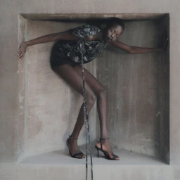 Model posing inside a recessed concrete wall niche wearing patterned top and black shorts for Noon by Noor Resort 2026