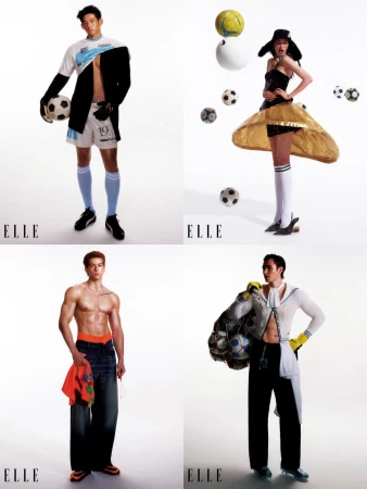 Four-panel fashion editorial featuring models in avant-garde soccer-inspired designer looks against a white seamless background.