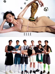 Two-panel fashion editorial featuring a model posing with a World Cup trophy and male soccer players holding her against a white backdrop.