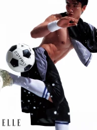 Shirtless athletic man juggling a soccer ball surrounded by water droplets against a white background for Elle China.