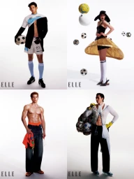 Four-panel fashion editorial featuring models in avant-garde soccer-inspired designer looks against a white seamless background.