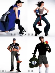 Four-panel fashion editorial grid featuring models posing with soccer balls, cleats, and referee cards against a white background.
