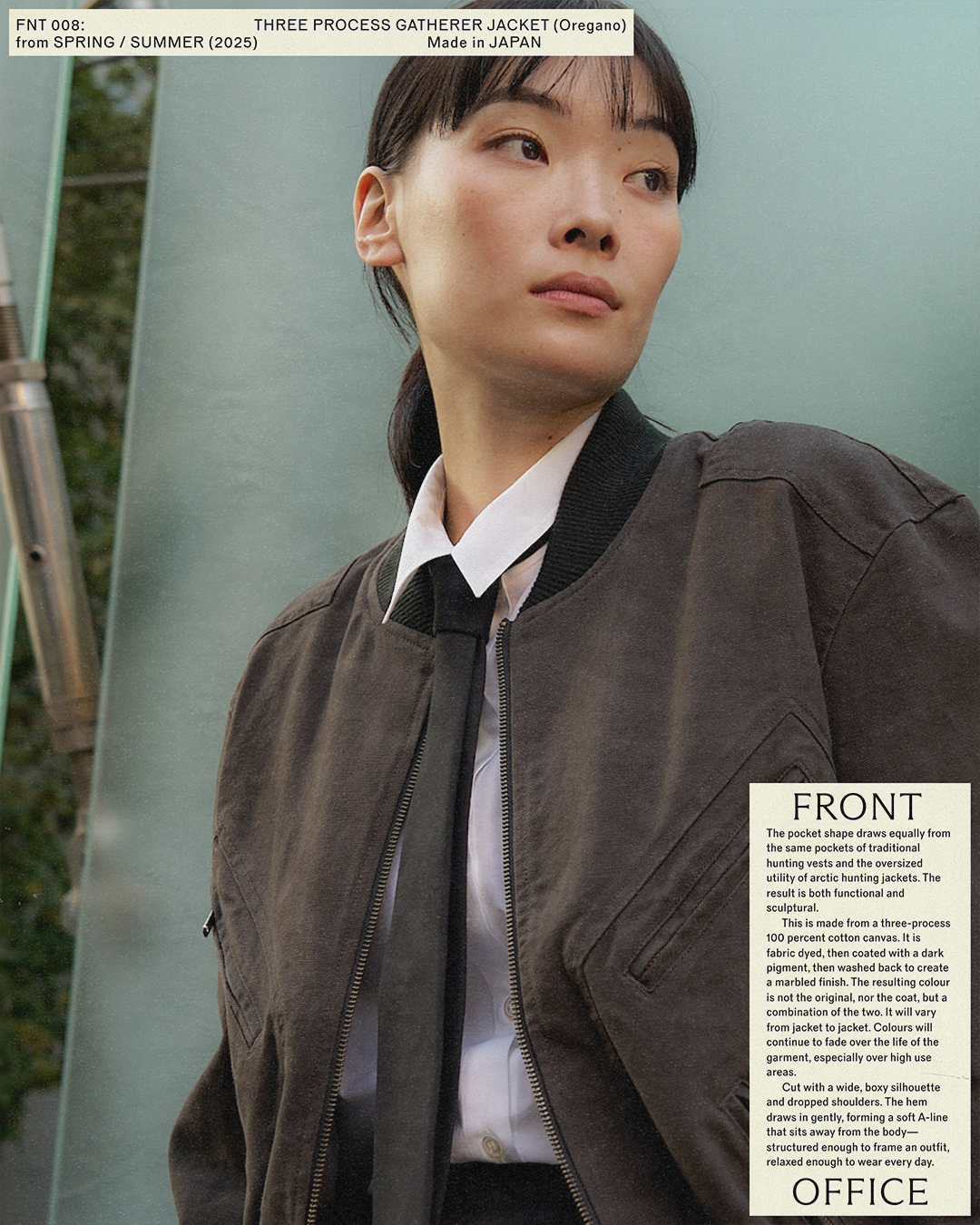 An East Asian model wearing an oregano brown zip-up jacket, white collared shirt, and black tie with typography overlays.