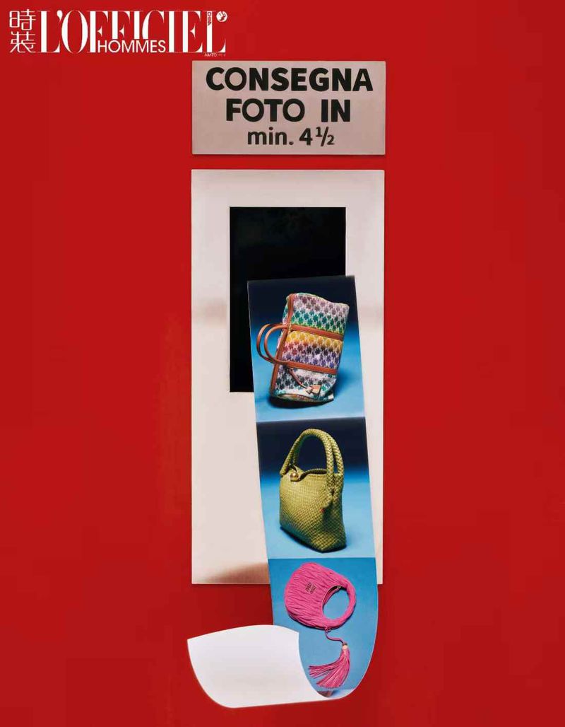 Fashion photography of three handbags on a blue and white striped sheet against a red background for L'Officiel Hommes magazine.
